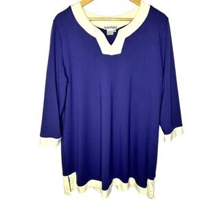 WinterSilks Blue White Trim Women's Tunic V-Neck Blouse XL